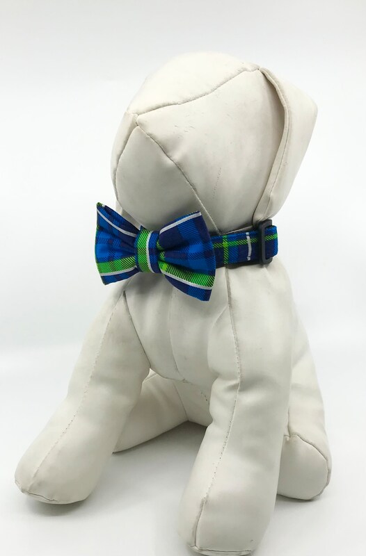 Bow Tie Dog Collar Blue And Lime Green Plaid Pet Collar Adjustable Sizes XS, S, M, L, XL